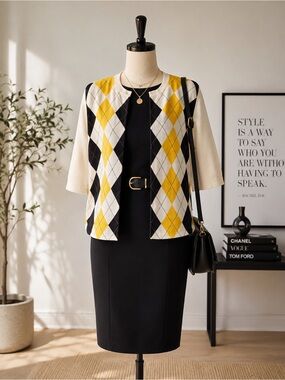 J.Crew Argyle Cardigan Sweater Blazer Yellow Navy White 3/4 Sleeve Preppy